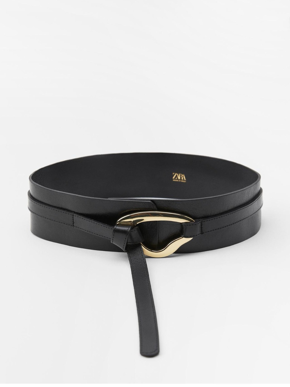ZARA Black Leather Waist Belt with Gold Loop Buckle